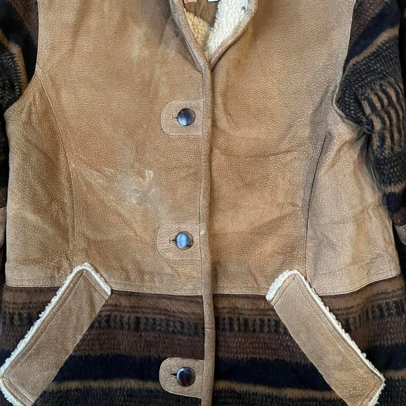Vintage Western Suede Sherpa CoatTapestry Paneling Women Large Collar Winter - Picture 3 of 7